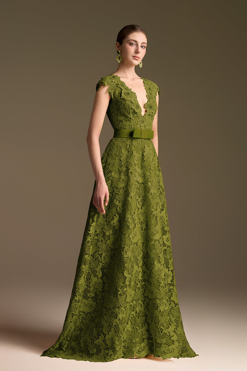 V-Neck Sleeveless A-Line Gown In Olive Guipure Lace
