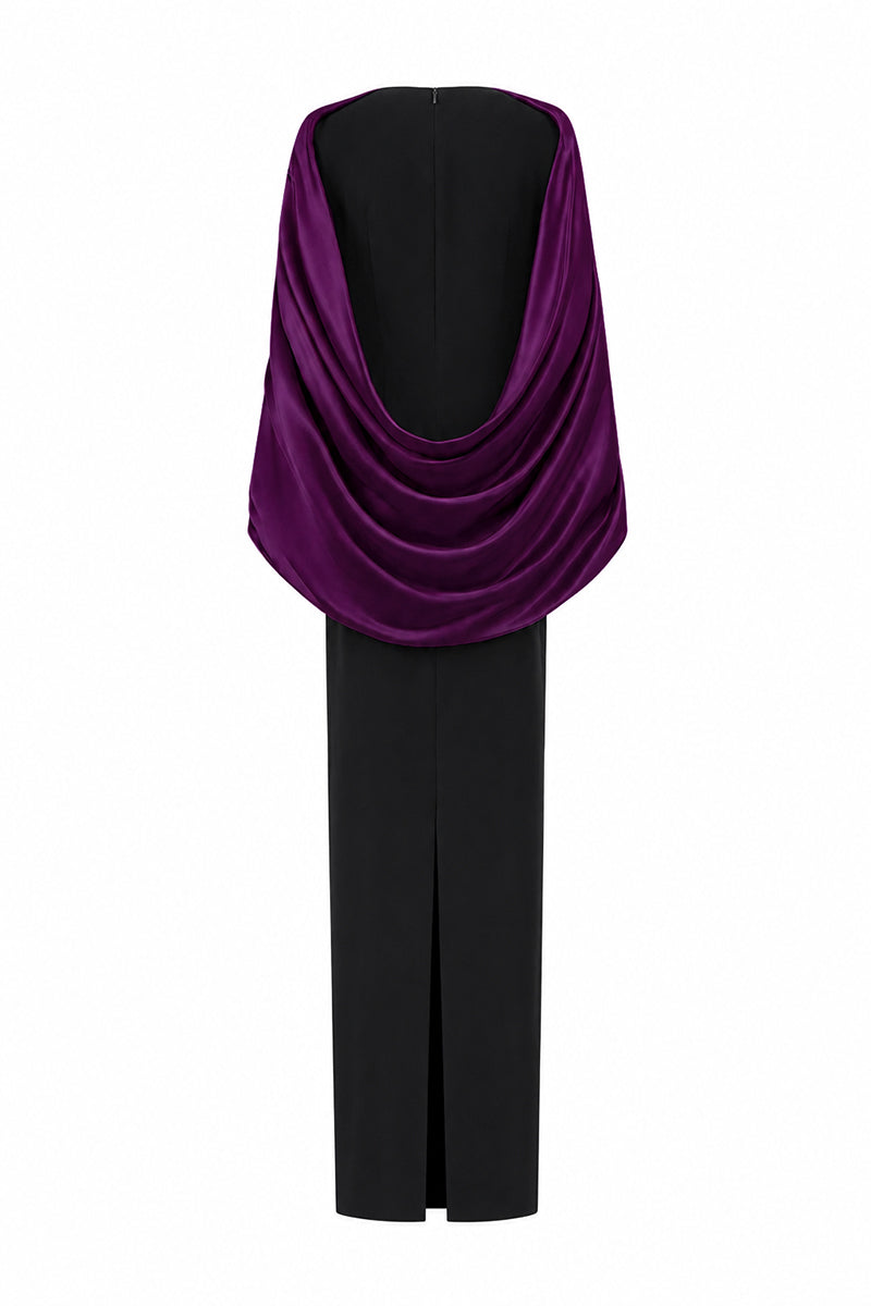 Round Neck Column Gown With Cape Sleeves In Black Crepe & Purple Silk