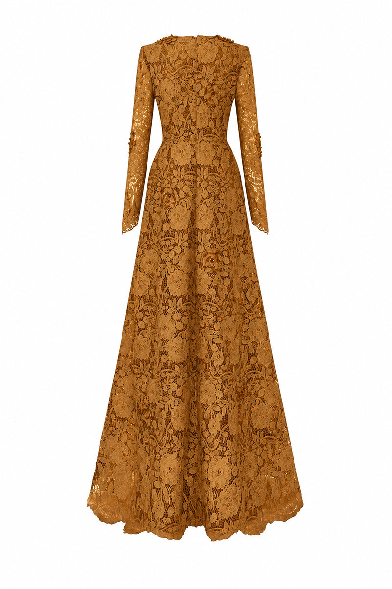 Orange V-Neck A-Line Gown With Long Sleeves