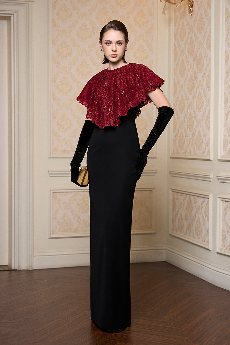 Round Neck Column Gown With Mini Cape In Dark Red French Lace & Black Crepe