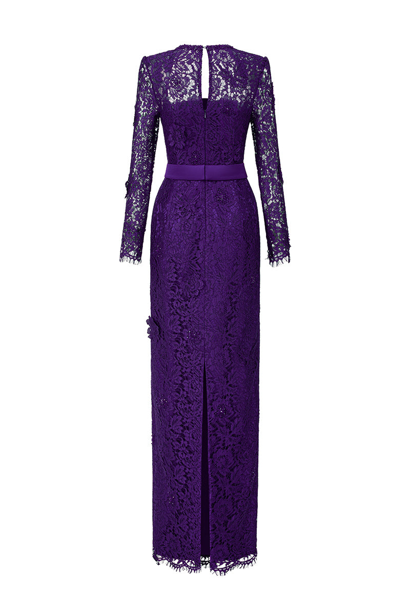 Trapeze Neck Column Gown With Long Sleeves In Purple French Lace