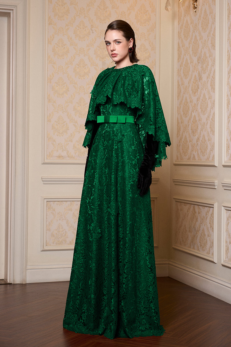 Round Neck Column A-line Gown With Mullet Cape In Dark Green French Lace