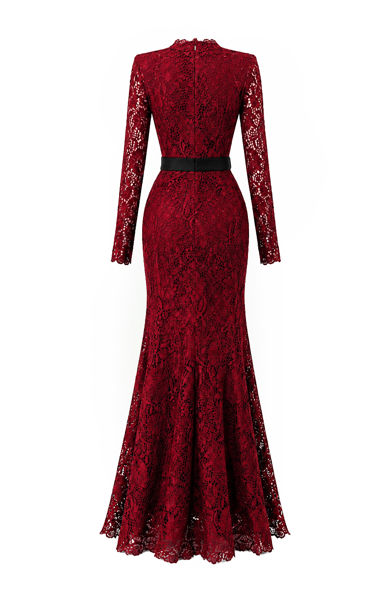 Trapeze Neck Mermaid Gown With Waist Belt In Cocoa Dark Red Lily Floral Lace