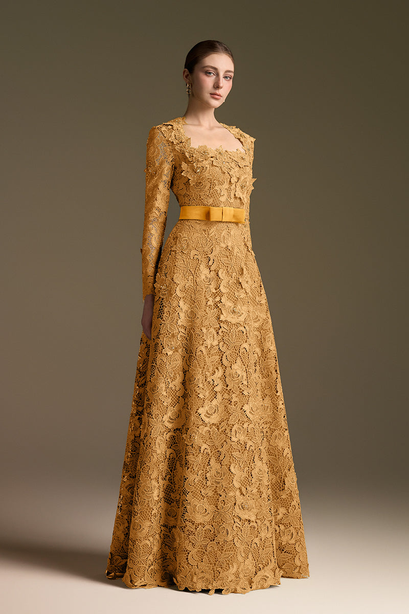 Trapeze Neck A-line Gown With Long Sleeves In Guipure Lace