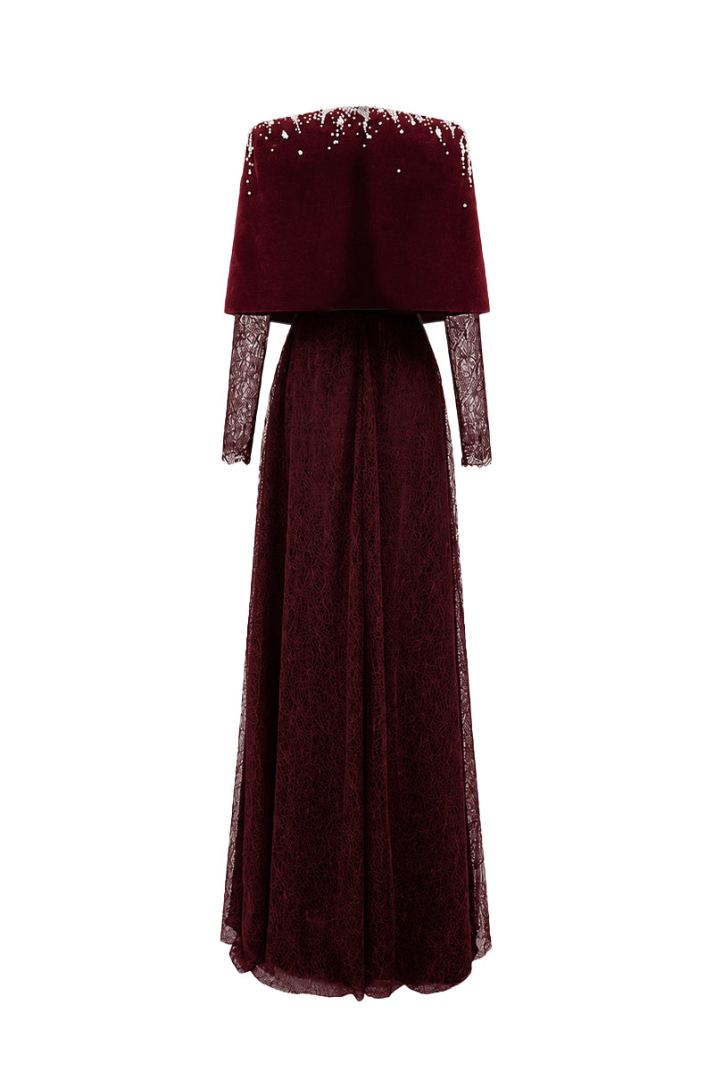 Round Neck A-Line Gown With Mini Cape In Dark Red Vine Guipure Lace & Lyon Velvet