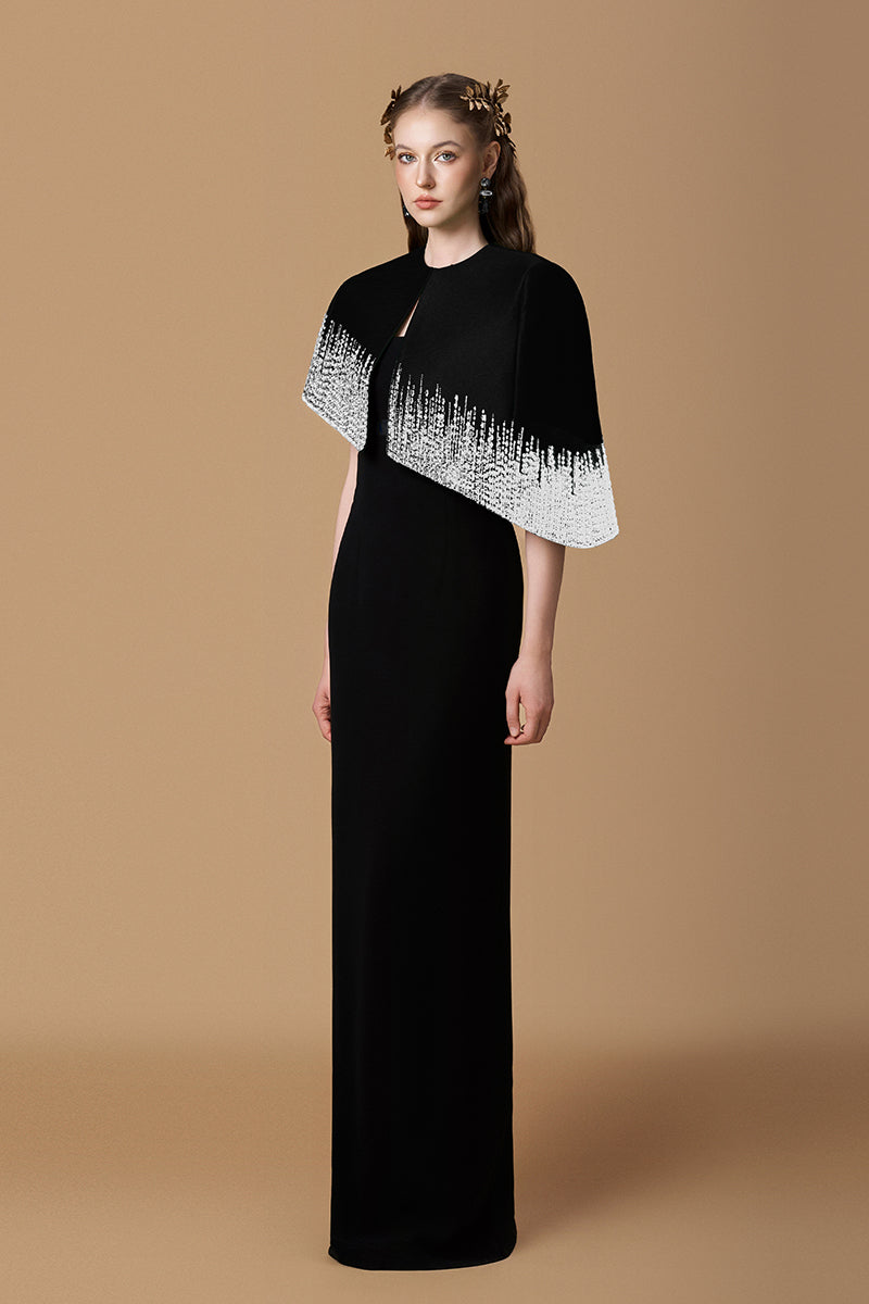 Bustier Column Gown With Mini Cape In Dark Green Taffeta & Black Crepe