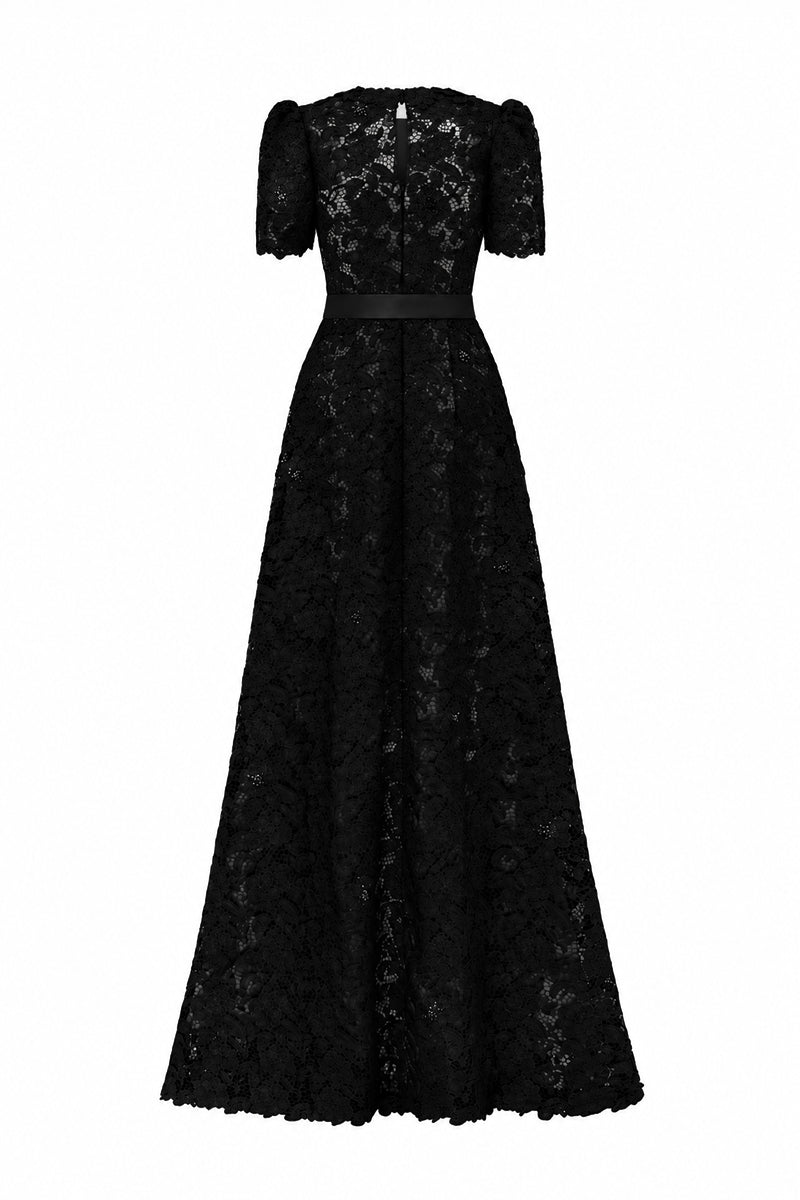 Trapeze Neck A-line Gown With Short Sleeves In Black Guipure Lace