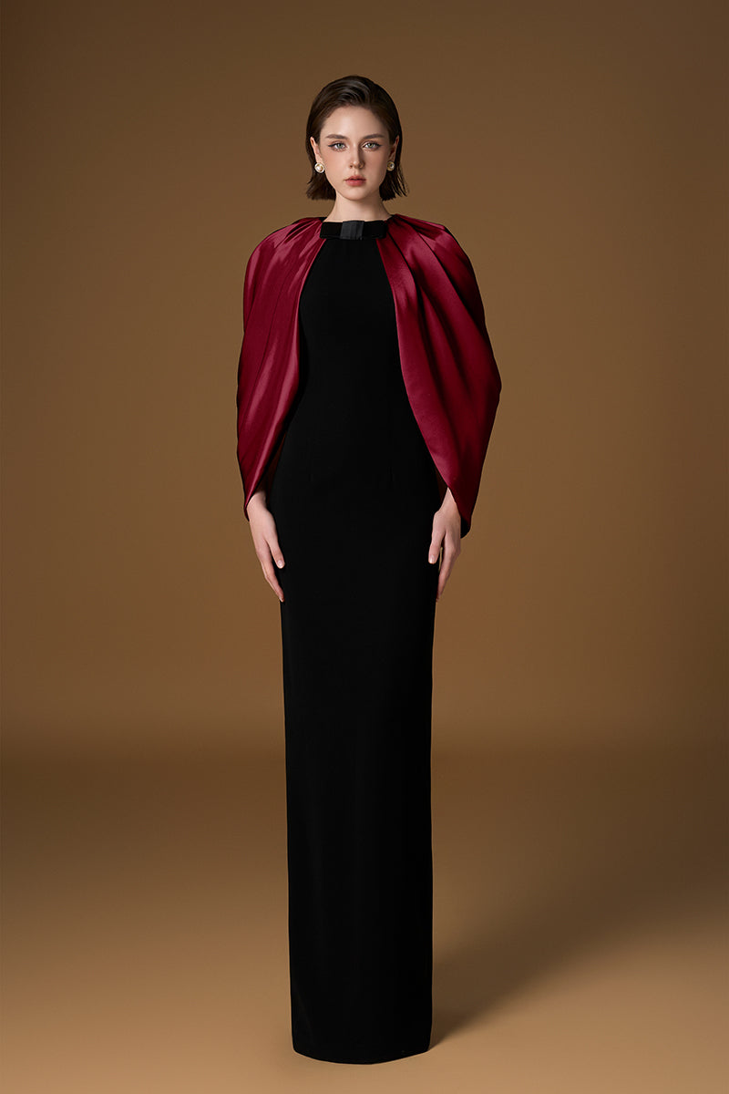 Round Neck Column Gown With Cape Sleeves In Black Crepe & Dark Red Silk