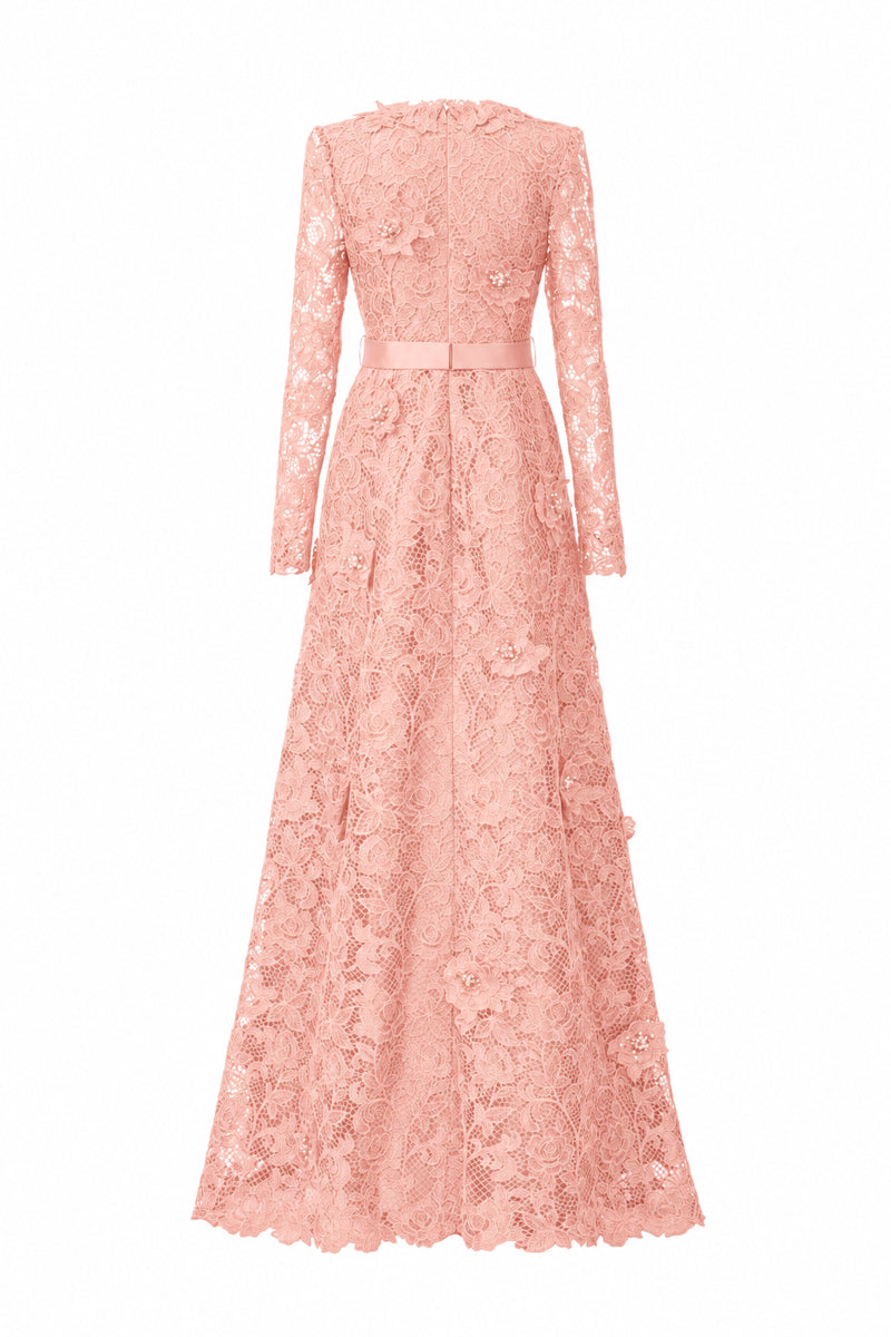 V Neck A-line Gown With Long Sleeves In Light Pink Guipure Lace