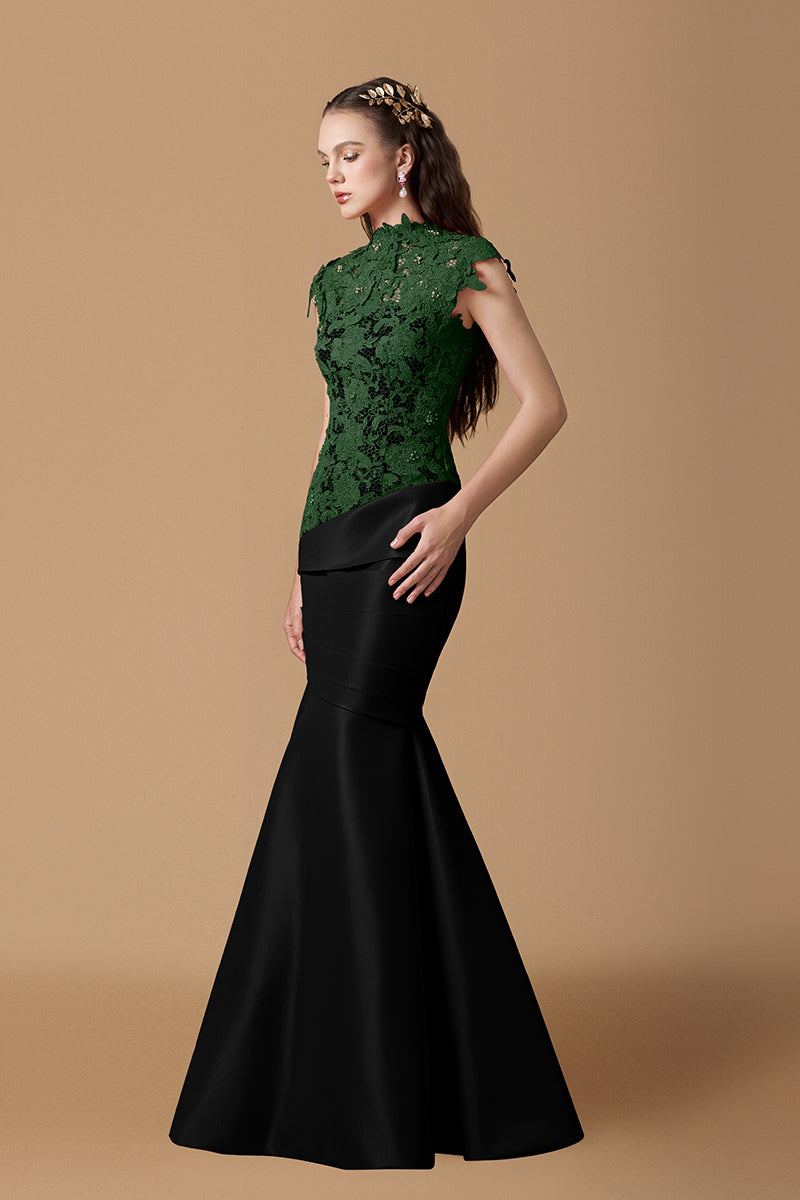 Round Neck Mermaid Gown With Pink Guipure Lace and Ivory Taffeta