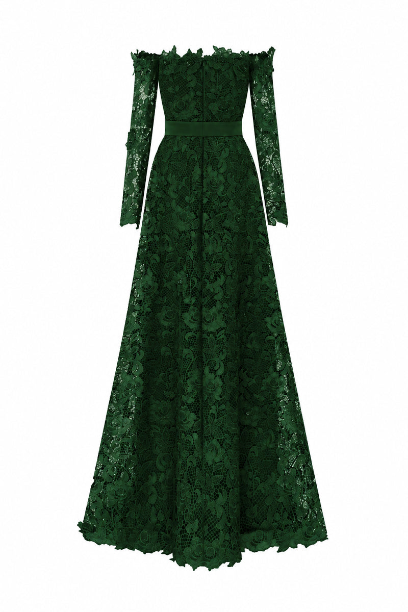 Dark Green Long Sleeves Off-Shoulder A-Line Gown