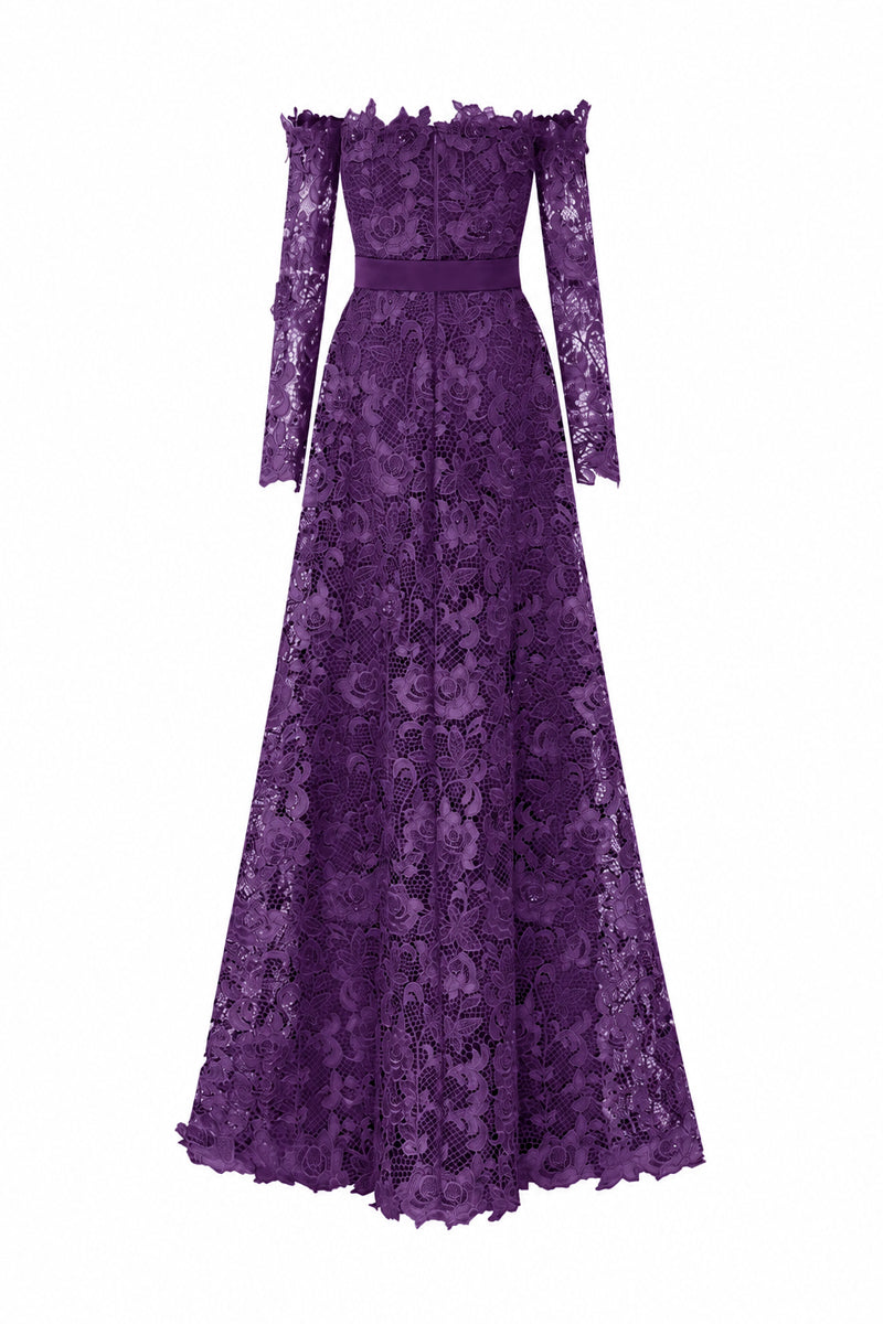 Purple Long Sleeves Off-Shoulder A-Line Gown