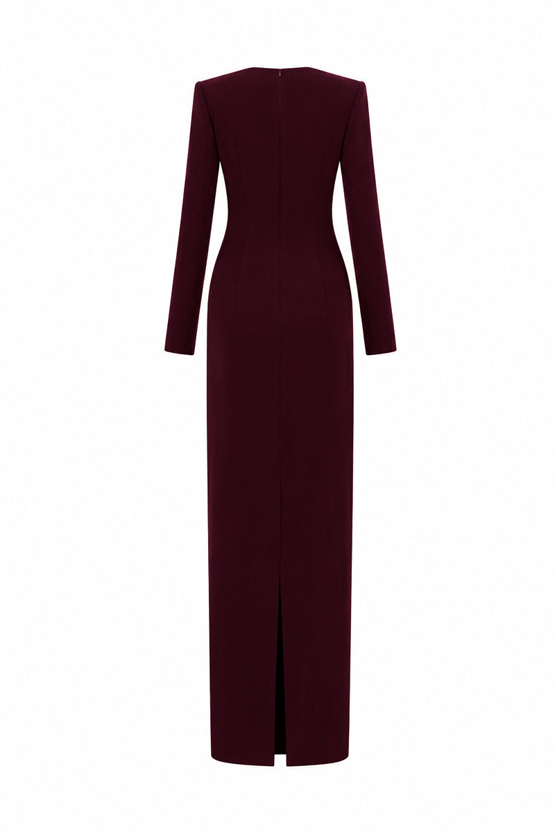 Trapeze Neck Column Gown With Long Sleeves In Black Crepe & Stones