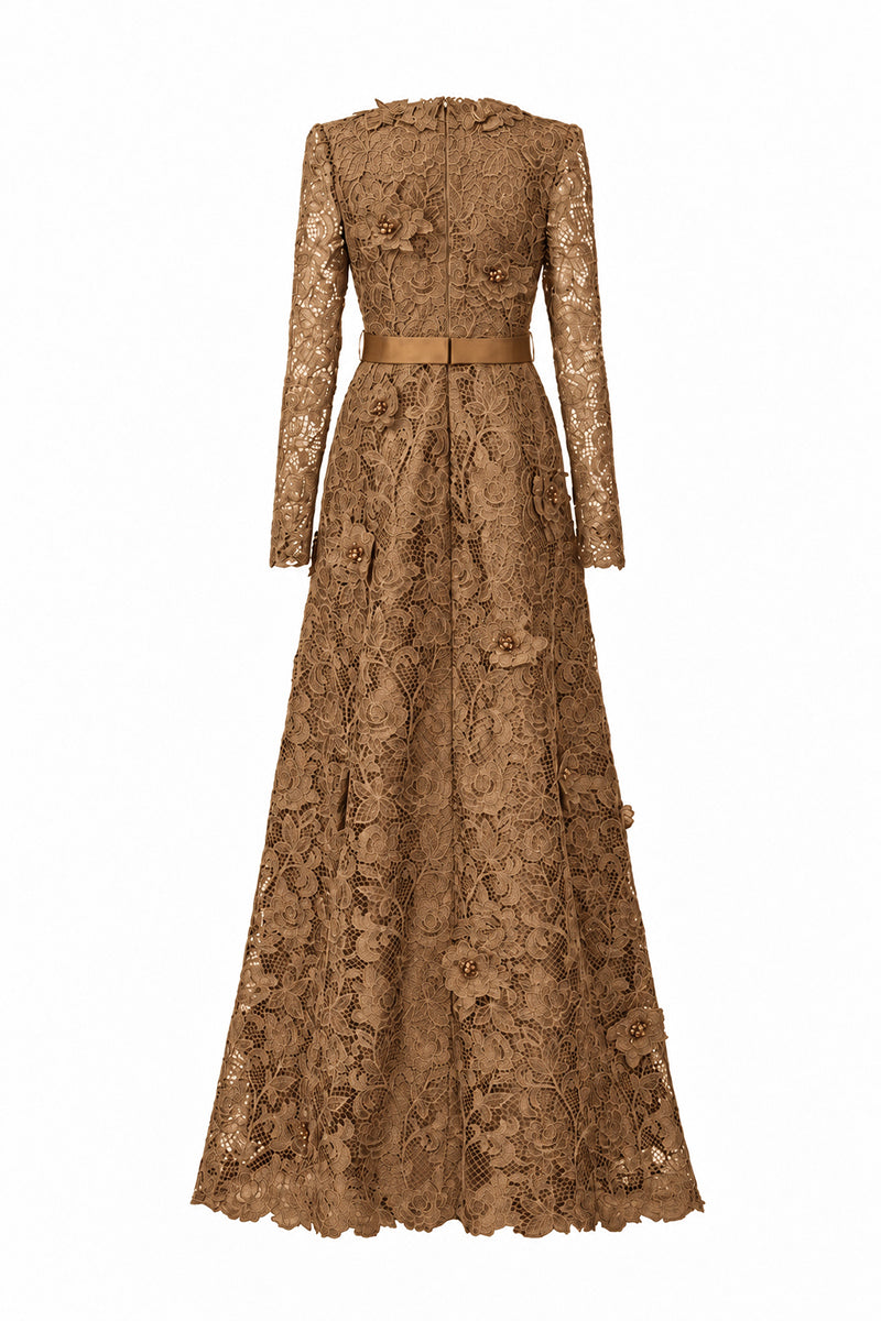 V Neck A-line Gown With Long Sleeves In Dark Gold Guipure Lace