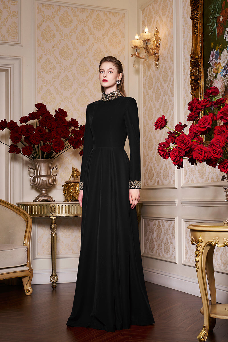 Turtleneck Collar Pleated Waist Velvet Gown