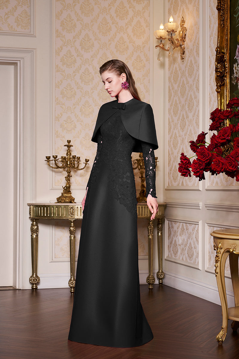 Fuchsia Lace and Taffeta Gown With Mini Cape