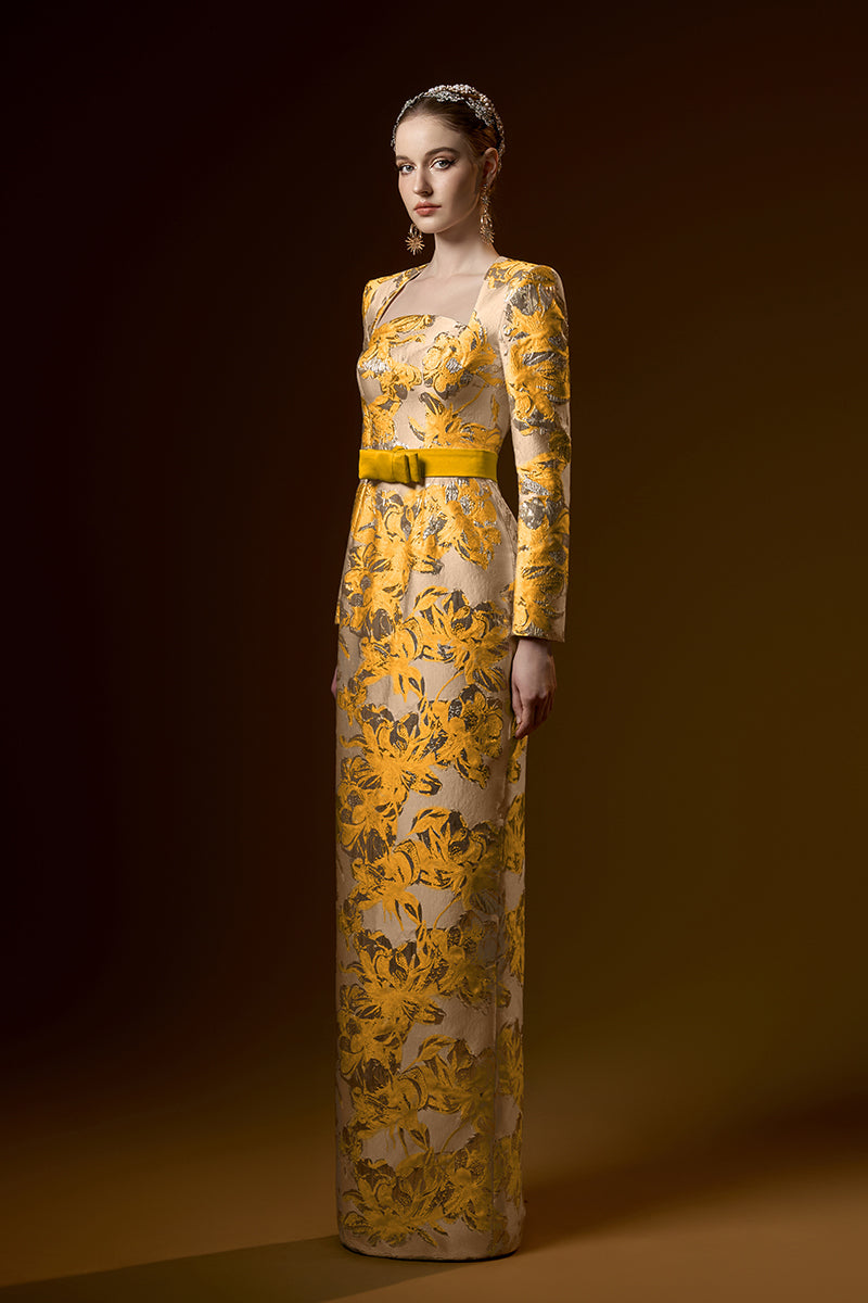 Trapeze Neck Column Gown With Long Sleeves In Jacquard
