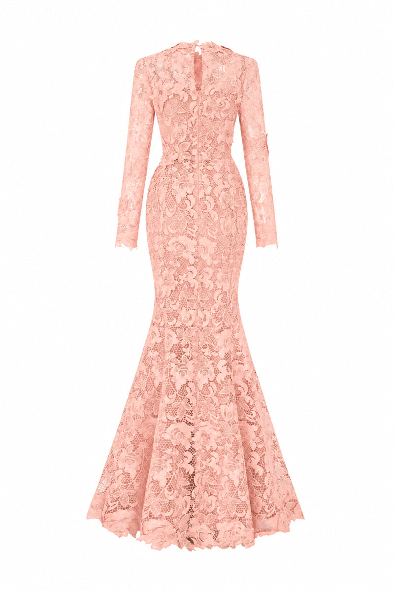 Round Neck Mermaid Gown With Long Sleeves In Light Pink Guipure Lace