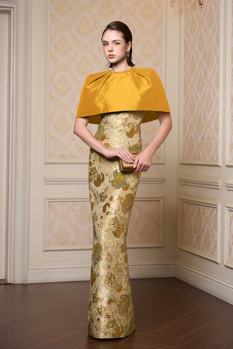 Round Neck Column Gown With Mini Cape In Dark Gold Floral Metallic Jacquard & Taffeta