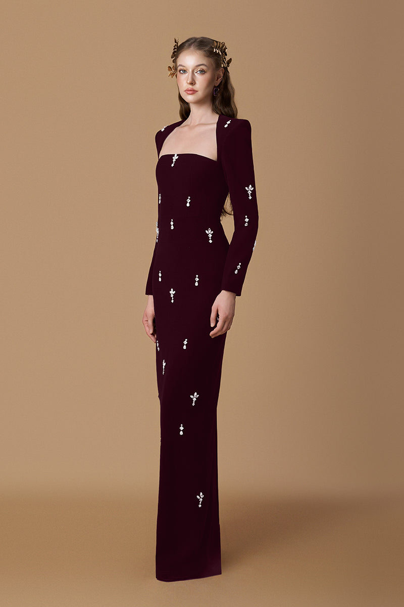 Trapeze Neck Column Gown With Long Sleeves In Black Crepe & Pink Stones