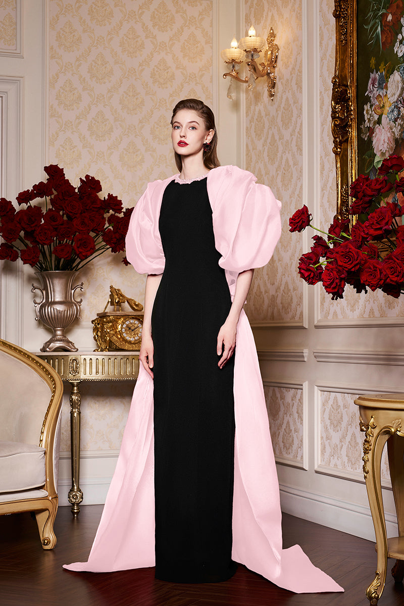 Round Neckline Scuba Gown With Draped Sleeves Organza