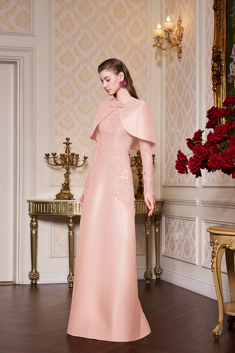 Fuchsia Lace and Taffeta Gown With Mini Cape