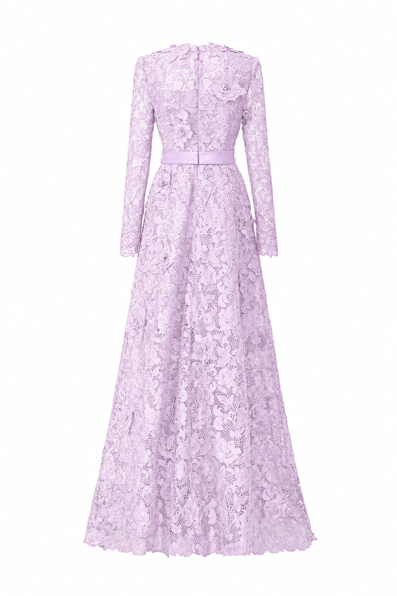 Trapeze Neck A-line Gown With Long Sleeves In Light Purple Guipure Lace