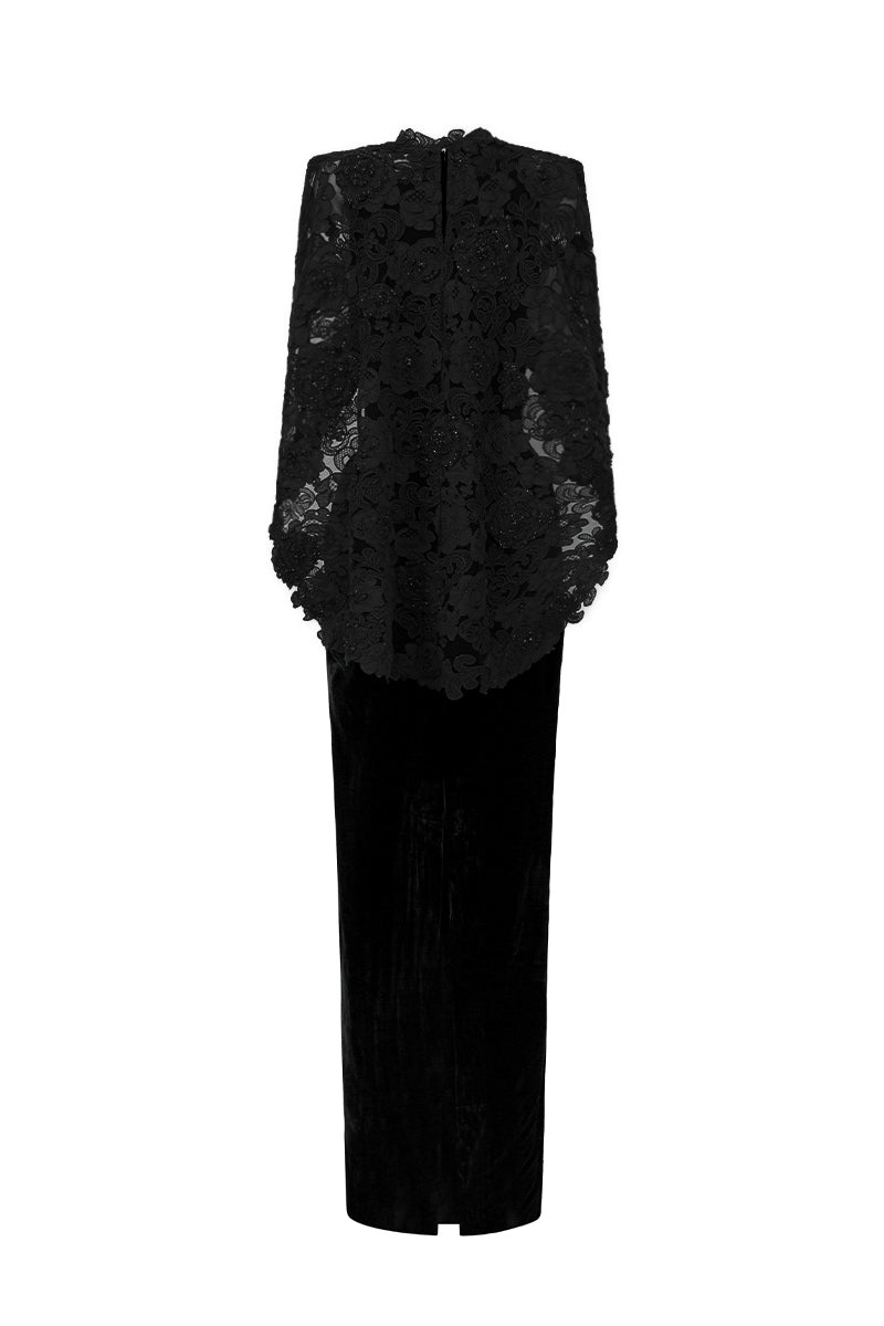 V Neck Column Gown With Mullet Cape In Black Velvet An Black Floral Garden Mesh Lace