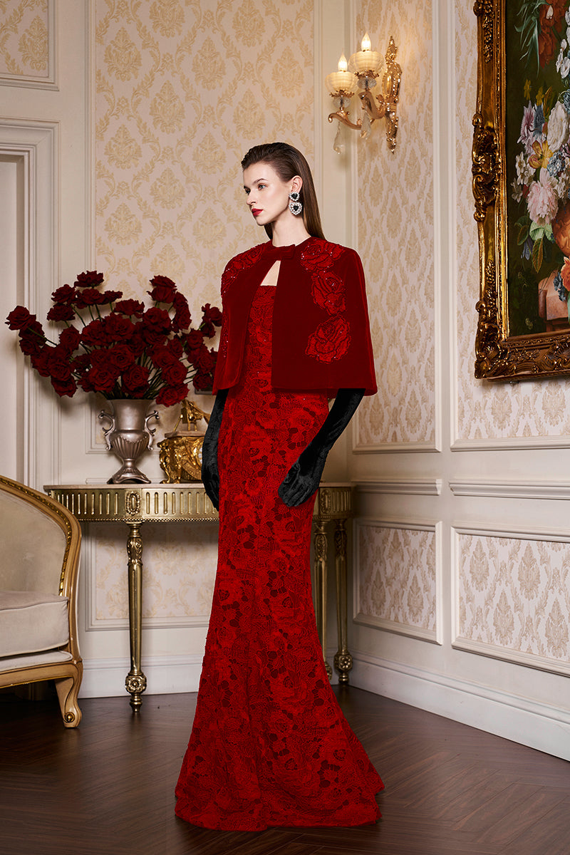 Princess Line Strapless Black Lace and Velvet Dress with Cape