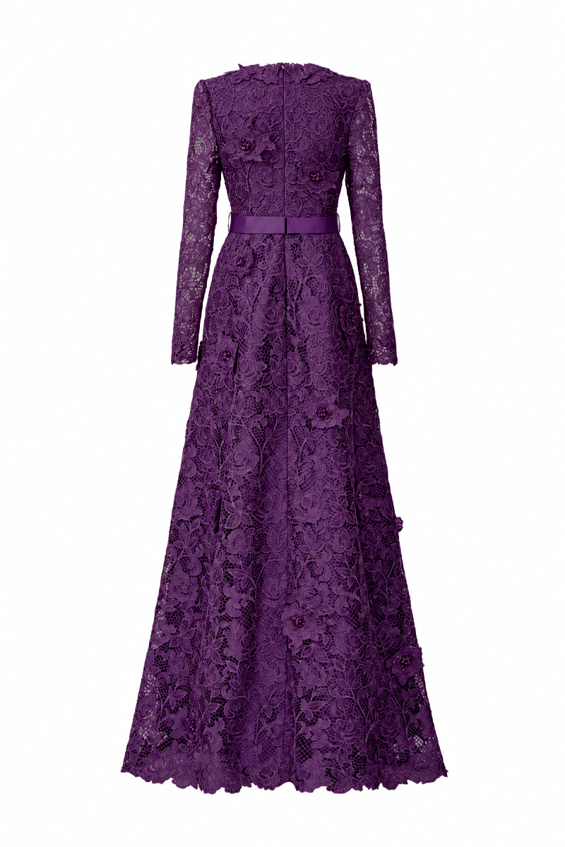 V Neck A-line Gown With Long Sleeves In Purple Guipure Lace
