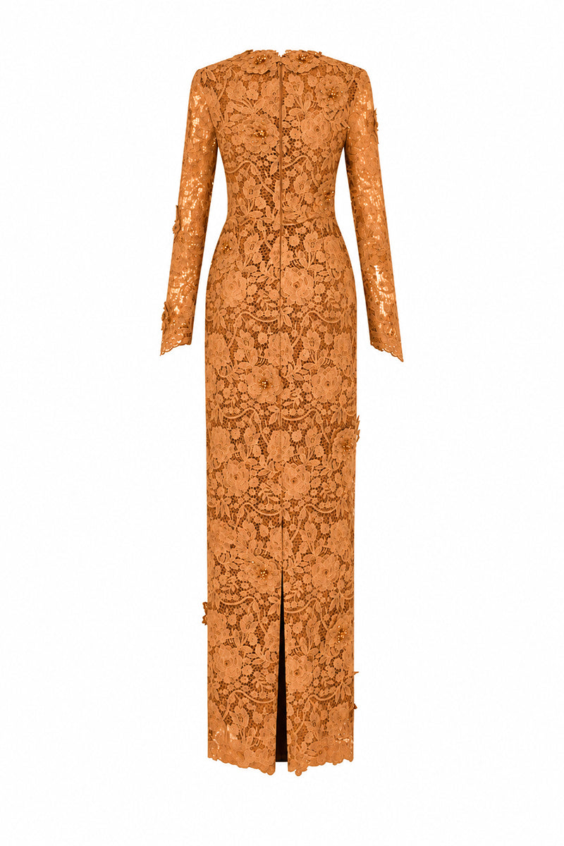 Trapeze Neck Column Gown With Long Sleeves In Guipure Lace