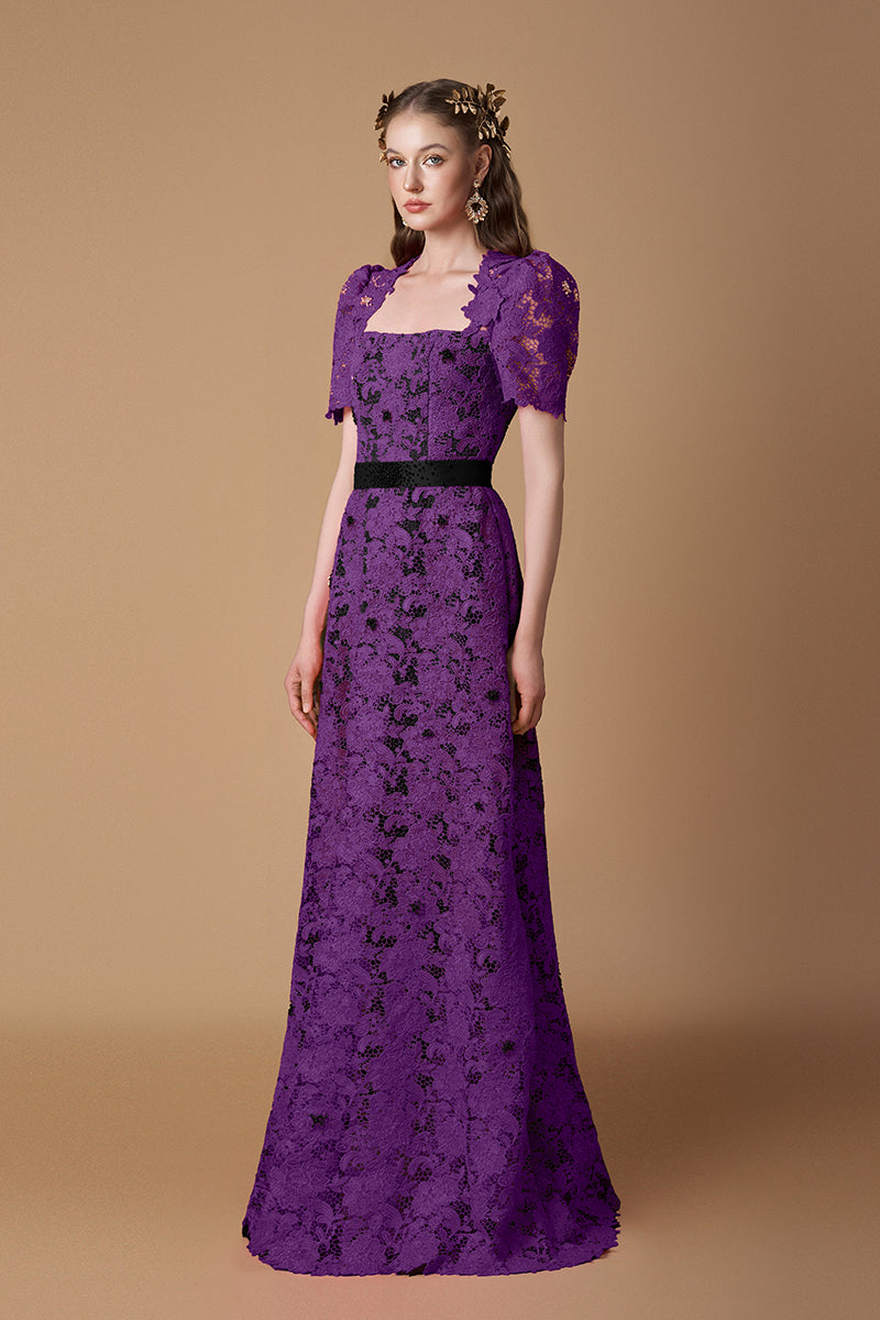 Trapeze Neck A-line Gown With Short Sleeves In Pink Guipure Lace