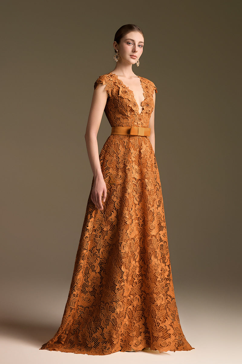 V-Neck Sleeveless A-Line Gown In Orange Guipure Lace