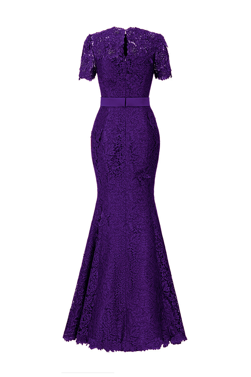 Round Neck Mermaid Gown With Short Sleeves In Purple French Lace