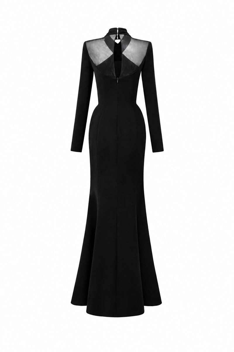 Round Neck Mermaid Gown With Draped Details In Black Crepe
