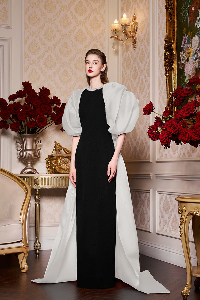 Round Neckline Scuba Gown With Draped Sleeves Organza