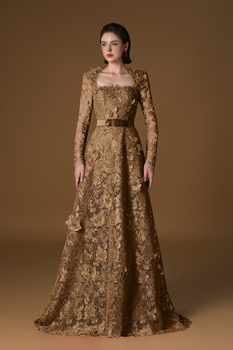 Trapeze Neck A-line Gown With Long Sleeves In Dark Gold Guipure Lace