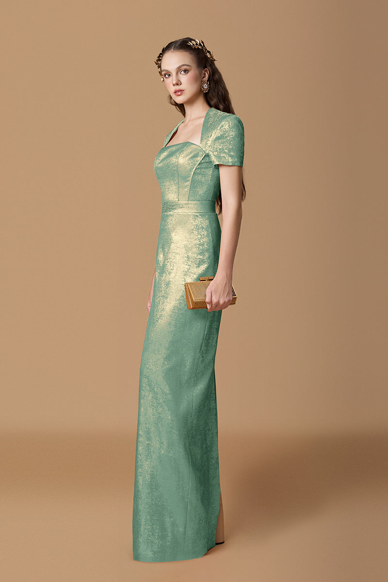 Trapeze Neck Column Gown With Short Sleeves In Metallic Silk