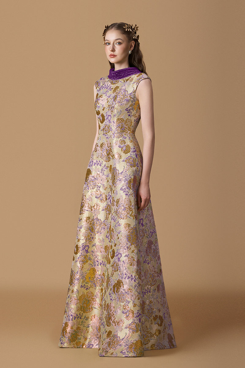 Round Neck A -line Gown With De-Constructed Collar In Green Floral Metallic Jacquard