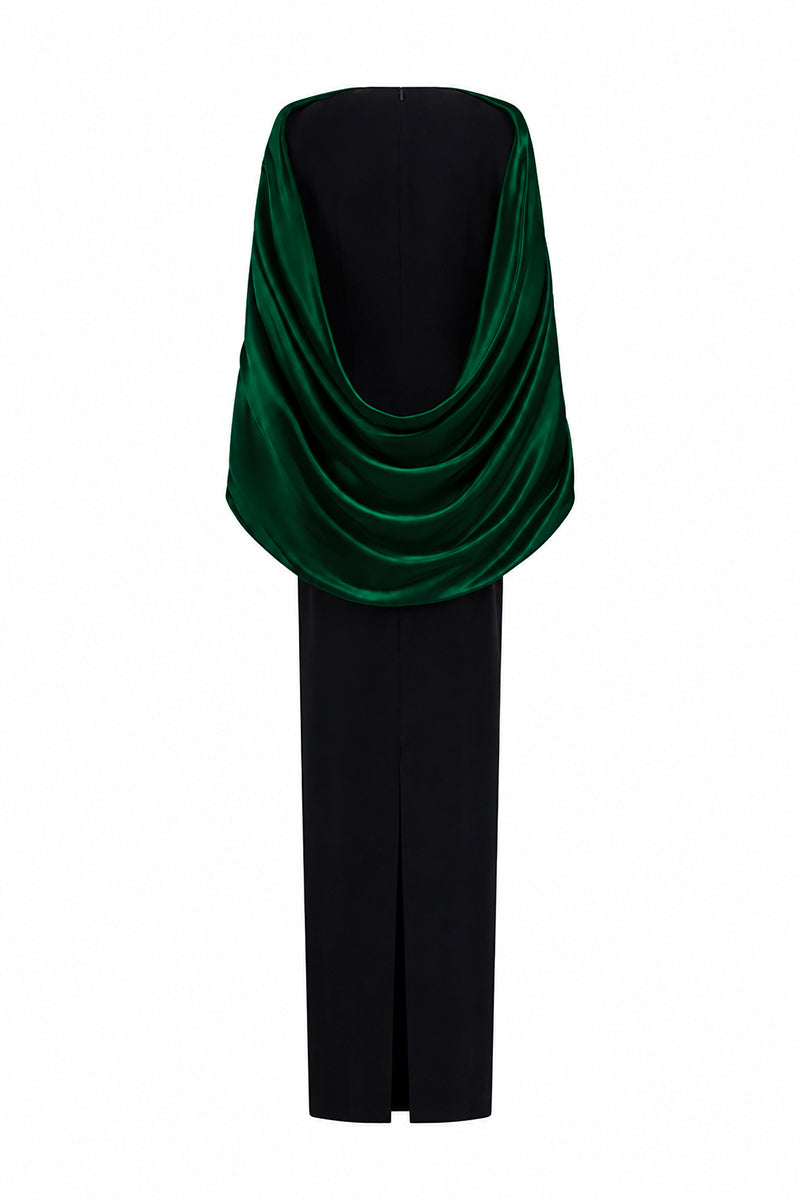 Round Neck Column Gown With Cape Sleeves In Black Crepe & Dark Green Silk