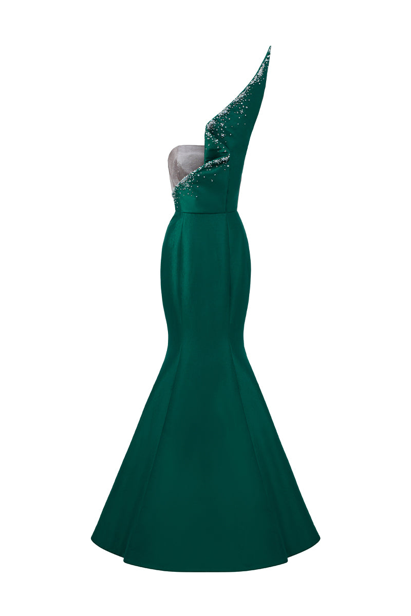 Bustier Mermaid Gown With Draped Details In Green And Grey Taffeta