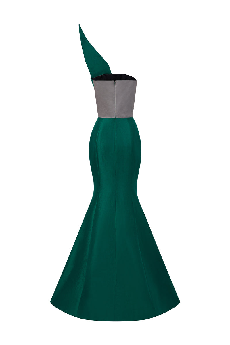 Bustier Mermaid Gown With Draped Details In Green And Grey Taffeta