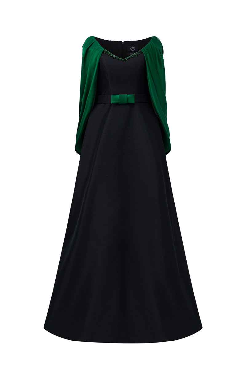 V Neck A-Line Gown With Draped Details In Black Taffeta And Green Satin Silk