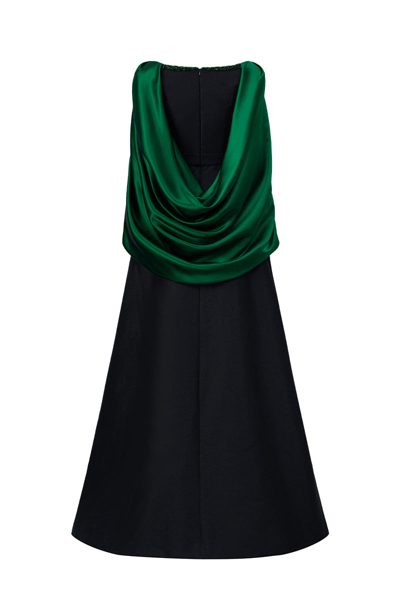 V Neck A-Line Gown With Draped Details In Black Taffeta And Green Satin Silk