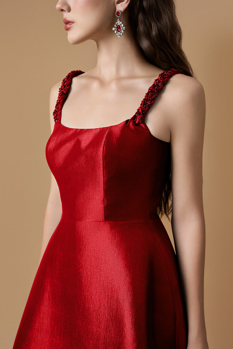 A-line Gown With Hand-Braided Strap In Dark Green Taffeta