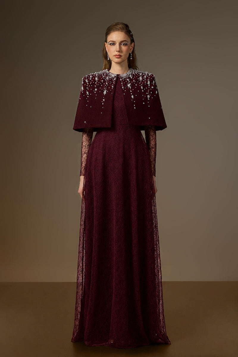 Round Neck A-Line Gown With Mini Cape In Dark Red Vine Guipure Lace & Lyon Velvet