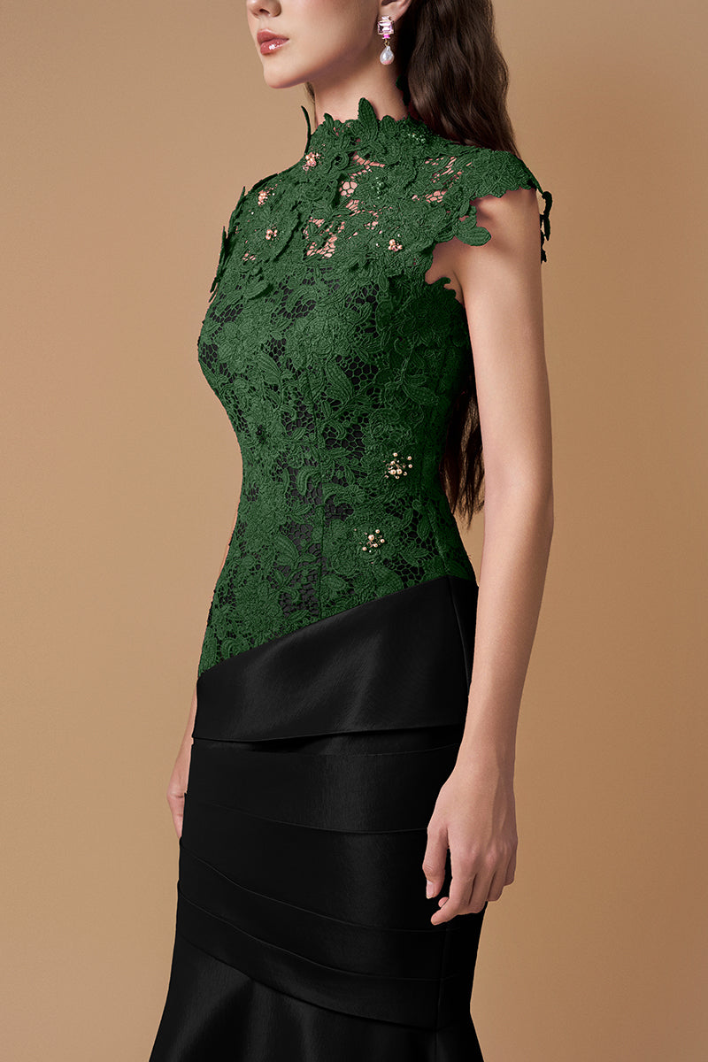 Round Neck Mermaid Gown With Pink Guipure Lace and Ivory Taffeta