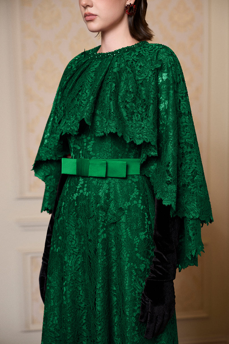 Round Neck Column A-line Gown With Mullet Cape In Dark Green French Lace