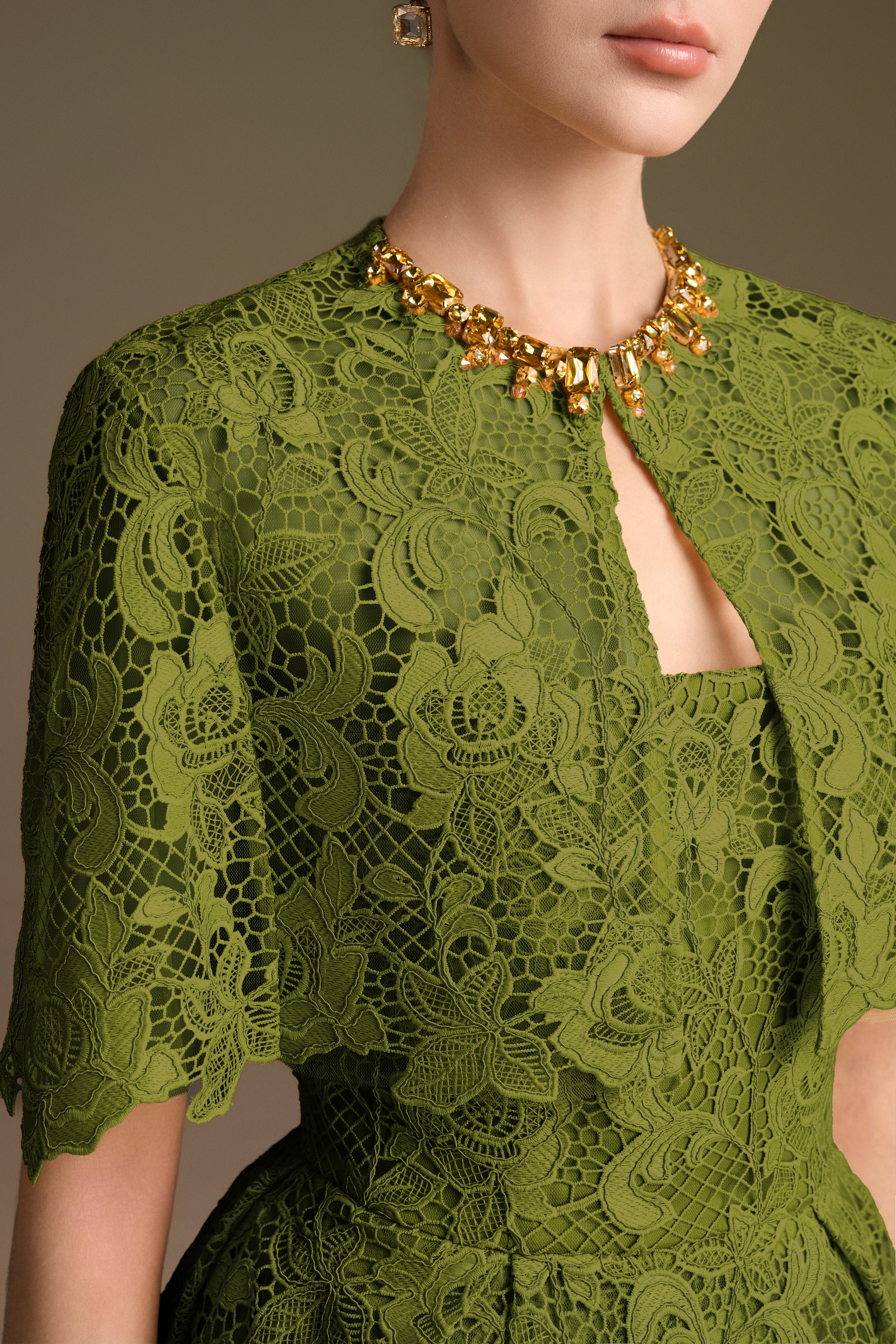 Burstier A-Line Gown With Mini Cape In Guipuire Lace