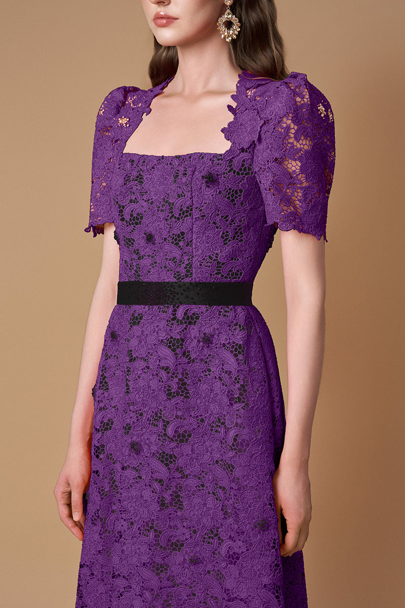 Trapeze Neck A-line Gown With Short Sleeves In Pink Guipure Lace